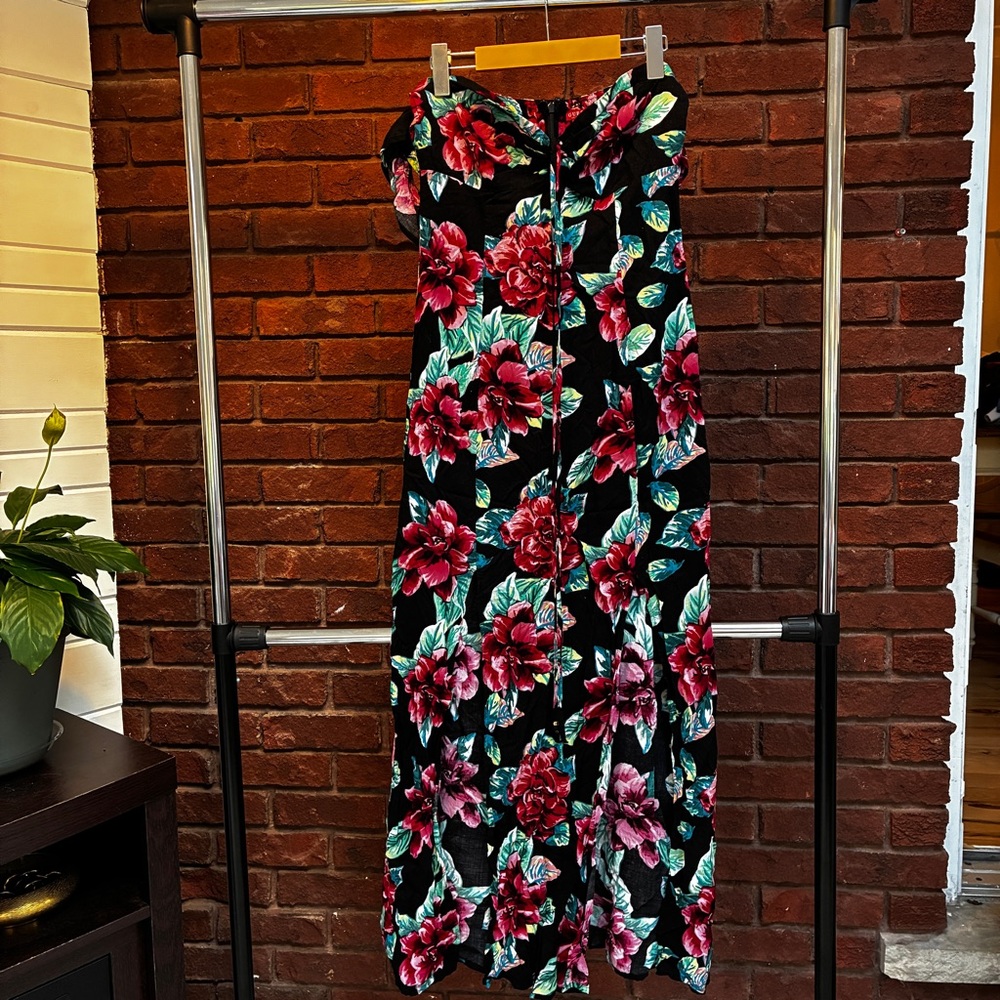 GUESS Floral Maxi Dress M Off-Shoulder Slit Skirt Spaghetti Tie Tropical Bold